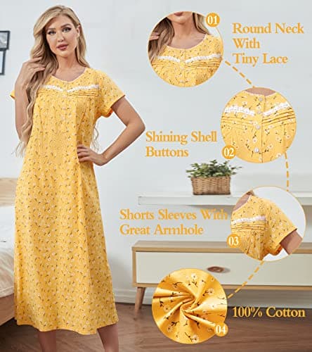 IZZY + TOBY Women's Soft Cotton Nightgowns Long Sleeve Pajamas