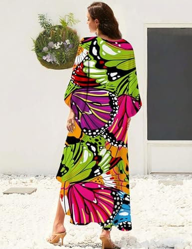 MAKABO V Neck Colorful Print Caftan Dresses for Women Beach Volley Beach Day Sun Protection