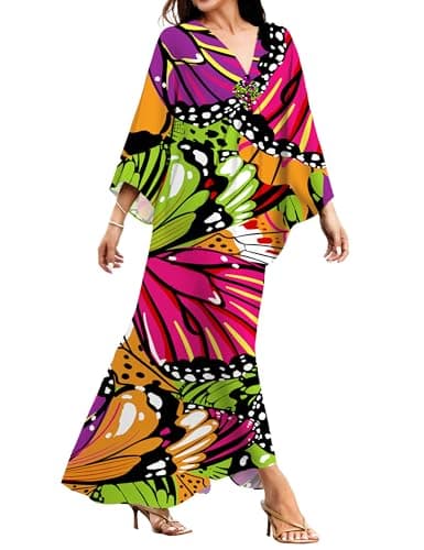 MAKABO V Neck Colorful Print Caftan Dresses for Women Beach Volley Beach Day Sun Protection
