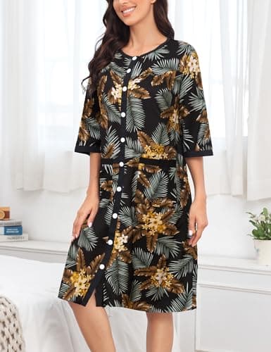 Bloggerlove Women House Dress Snap Front Nightgown 3/4 Sleeve Housecoat Duster Robe with Pockets Moomoo Patio Dress