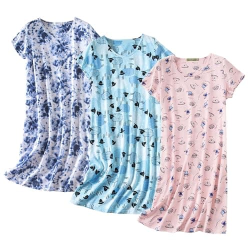 Inadays 3 Pack Women's Cotton Short Sleeve Nightgown Fun Print Sleepwear