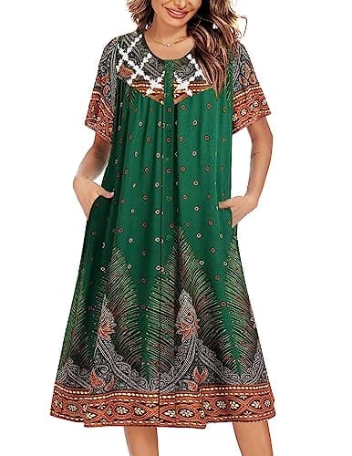 Ekouaer Women's Button Down Short Sleeve House Dress with Pockets S-4XL