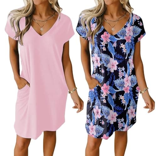 Ekouaer Womens V Neck Short Sleeve Nightgown with Pockets Plain/Floral