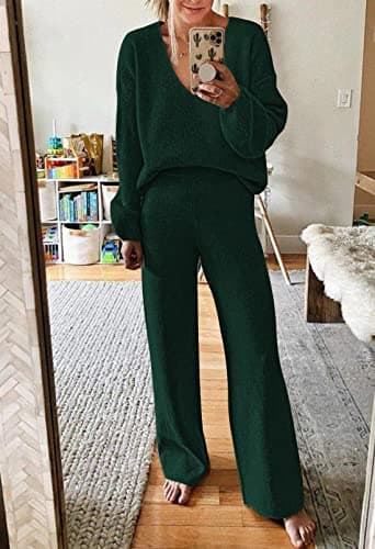 AOHITE Women's Casual V-Neck Knit Sweater Set with Wide Leg Pants
