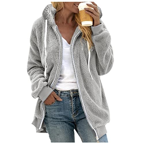 Refined Title: Women's Fashion Hooded Jacket with Drawstring, Zipper Pockets, and Plush Sweater Material