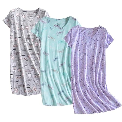 Inadays 3 Pack Women's Cotton Short Sleeve Nightgown Fun Print Sleepwear