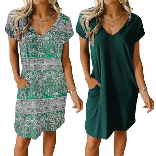 Ekouaer Womens V Neck Short Sleeve Nightgown with Pockets Plain/Floral