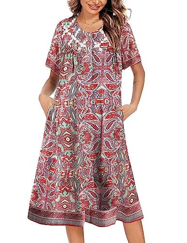 Ekouaer Women's Button Down Short Sleeve House Dress with Pockets S-4XL