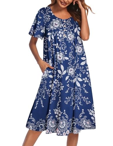 Ekouaer Women's Short Sleeve Nightgown with Pockets Floral Print