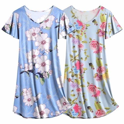 Ekouaer Women's Flare Short Sleeve V-Neck Nightgown 2-Pack S-2XL