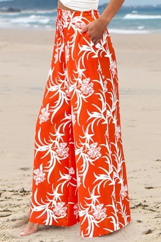 CFLONGE Wide Leg Floral Palazzo Pants for Women High Waist Flowy Boho Trousers with Pockets
