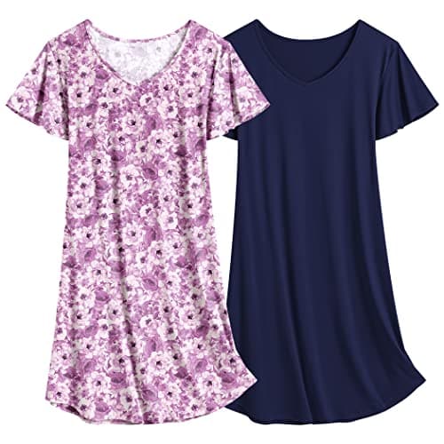 Ekouaer Women's Flare Short Sleeve V-Neck Nightgown 2-Pack S-2XL