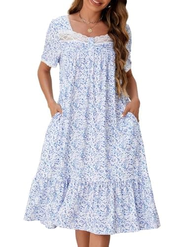 Cripom Women's Long Nightgowns with Lace Collar & Floral Print Pockets S-3XL