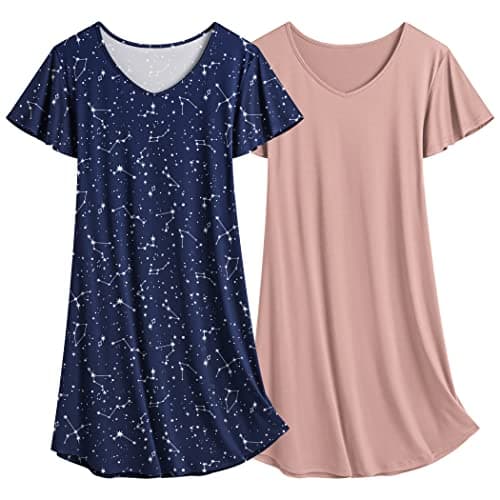 Ekouaer Women's Flare Short Sleeve V-Neck Nightgown 2-Pack S-2XL
