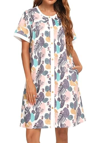 YOZLY Women's Pocketed Short Sleeve House Dress Robe