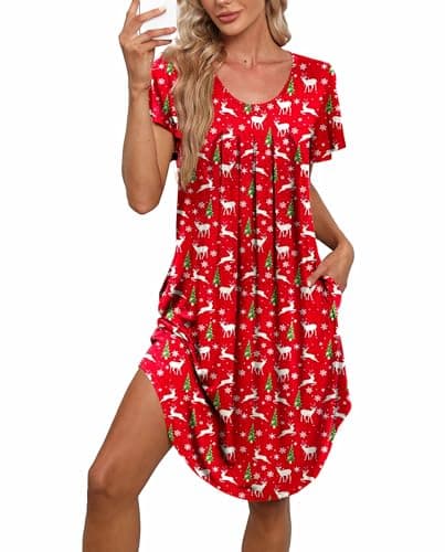 Bestshow Women's Pleated Front Loose Fit Short Sleeve Nightgown with Hand Pockets (S-5XL)