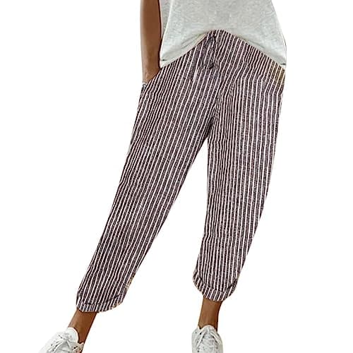 Women's Striped Linen Capri Pants with Elastic Waist and Pockets