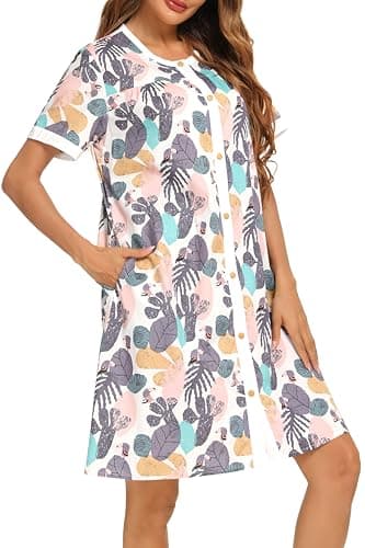 YOZLY Women's Pocketed Short Sleeve House Dress Robe