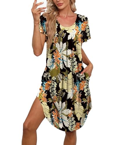 Bestshow Women's Pleated Front Loose Fit Short Sleeve Nightgown with Hand Pockets (S-5XL)