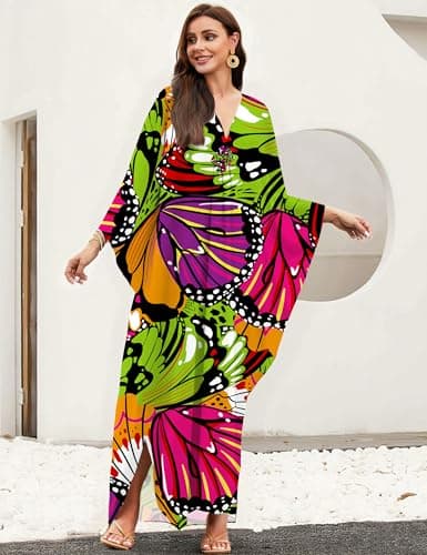 MAKABO V Neck Colorful Print Caftan Dresses for Women Beach Volley Beach Day Sun Protection