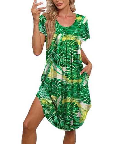 Bestshow Women's Pleated Front Loose Fit Short Sleeve Nightgown with Hand Pockets (S-5XL)