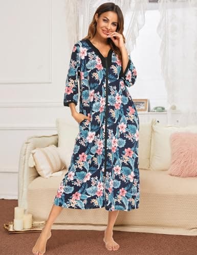 Bloggerlove Soft Cotton Zip Up Robes for Women Night Gown Long House Coat Half Sleeve Sleepwear