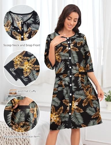 Bloggerlove Women House Dress Snap Front Nightgown 3/4 Sleeve Housecoat Duster Robe with Pockets Moomoo Patio Dress