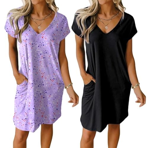 Ekouaer Womens V Neck Short Sleeve Nightgown with Pockets Plain/Floral