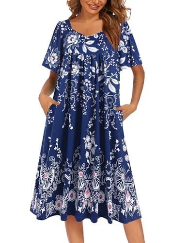 Ekouaer Women's Pleated Nightgown - Short Sleeves & Pockets