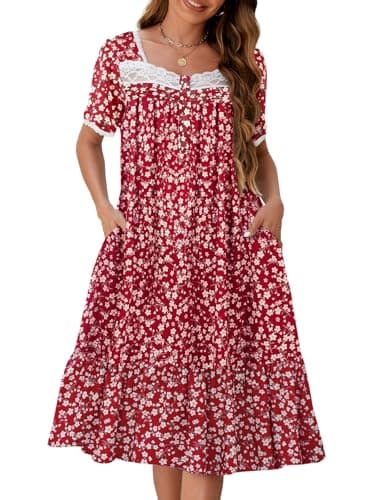 Cripom Women's Long Nightgowns with Lace Collar & Floral Print Pockets S-3XL