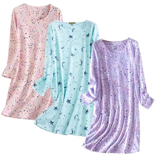 Inadays 3 Pack Women's Cotton Nightgowns Long Sleeves Fun Print Sleepwear