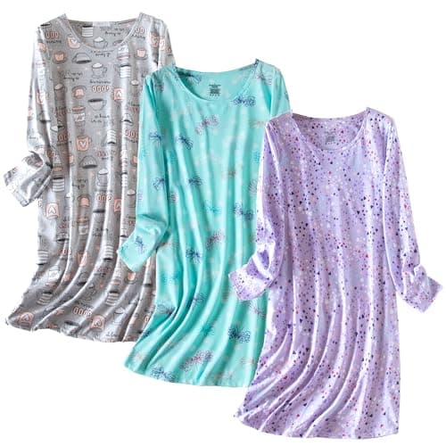 Inadays 3 Pack Women's Cotton Nightgowns Long Sleeves Fun Print Sleepwear