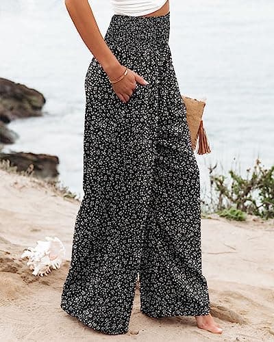 Angerella Women's High Waist Elastic Palazzo Pants with Pockets