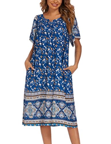 Ekouaer Womens Flower Print Nightgown Short Sleeve House Dress with Pockets