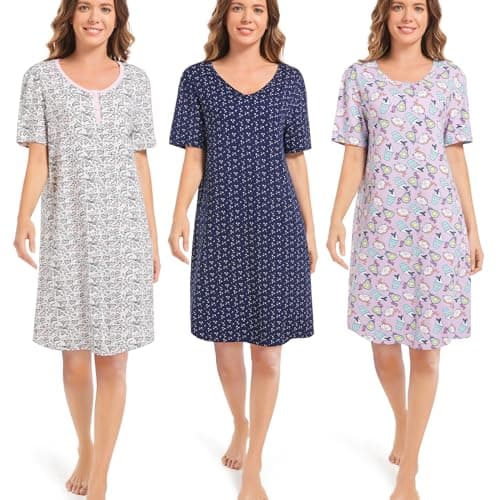 CONOMAX 3 Pack Soft Sleepshirts for Women Short Sleeve Nightwear