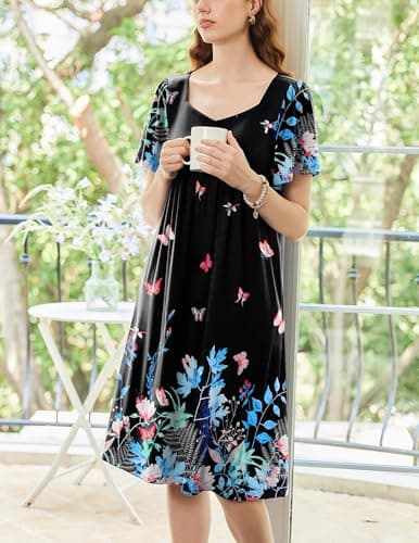 Ekouaer Women's Pleated Nightgown - Short Sleeves & Pockets