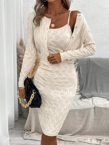 Verdusa Women's Cable Knit Bodycon Sweater Dress & Button Front Cardigan Set