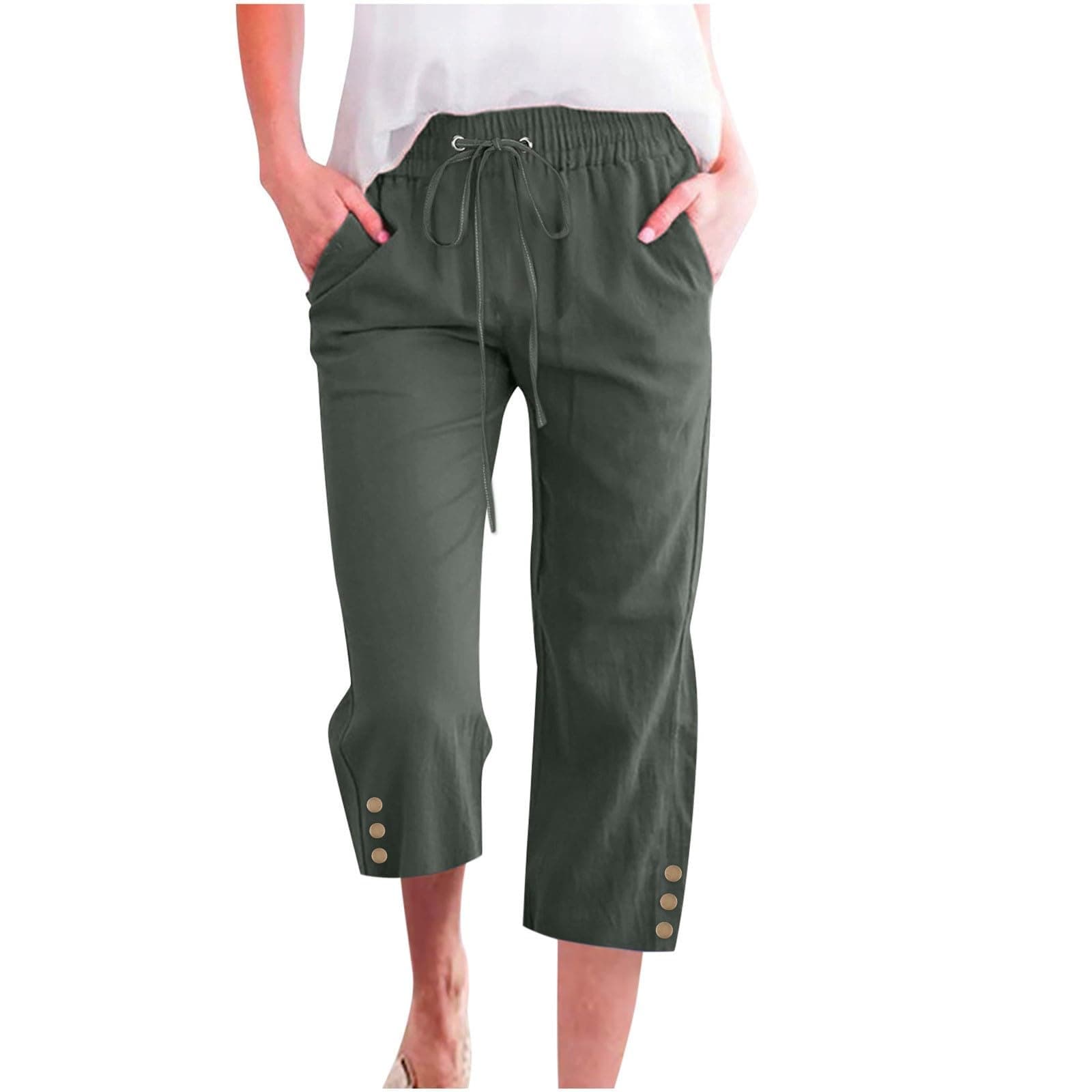 Nantdog Women's High-Waisted Drawstring Linen Capri Trousers