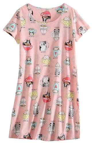 PNAEONG Women's Cotton Short Sleeve Nightgown Casual Print Sleepdress