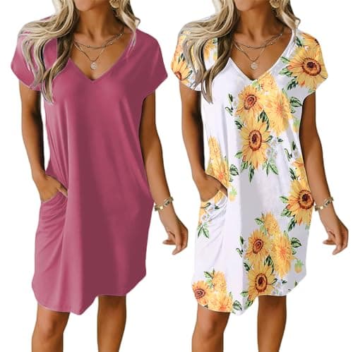 Ekouaer Womens V Neck Short Sleeve Nightgown with Pockets Plain/Floral