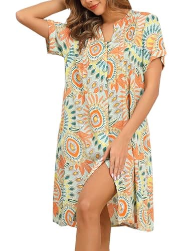 YOZLY Women's Cotton Duster Robe Short Sleeve Button Down Nightgown