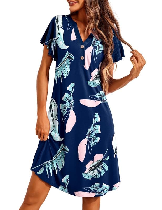 Ekouaer Women's Short Flare Sleeve V-Neck Sleepshirt S-XXL