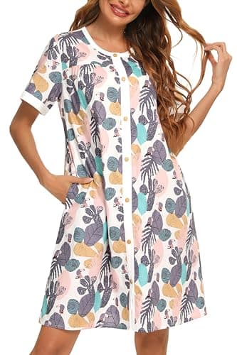 YOZLY Women's Pocketed Short Sleeve House Dress Robe