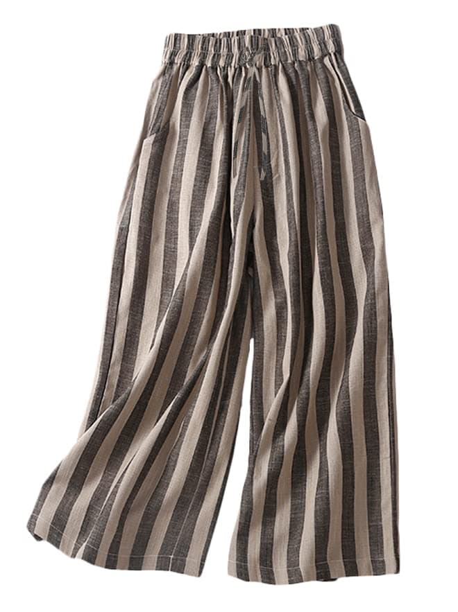 FTCayanz Women's Linen Cropped Wide Leg Pocket Pants Elastic Waist CasualPalazzo