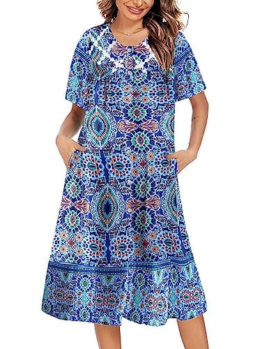 Ekouaer Women's Button Down Short Sleeve House Dress with Pockets S-4XL