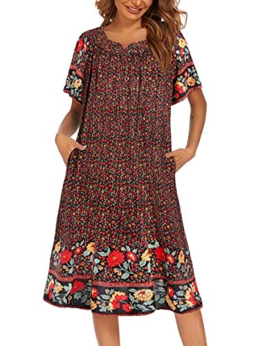 Ekouaer Womens Flower Print Nightgown Short Sleeve House Dress with Pockets