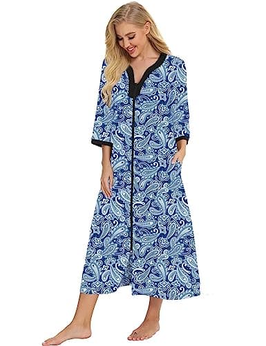 Women's Zip-Up House Dresses: Comfy Print Robe for Nightwear