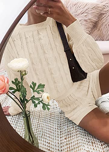 ZESICA Women's Casual Sweater Sets - Long Sleeve Cable Knit Tops and Drawstring Shorts