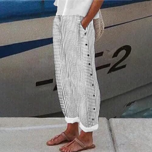 Trendy Women's Casual Linen Pants with Side Buttons and Pockets
