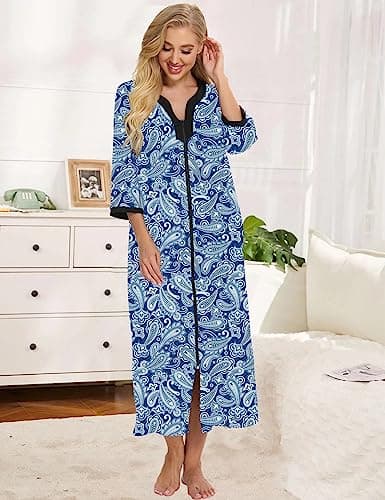 Women's Zip-Up House Dresses: Comfy Print Robe for Nightwear